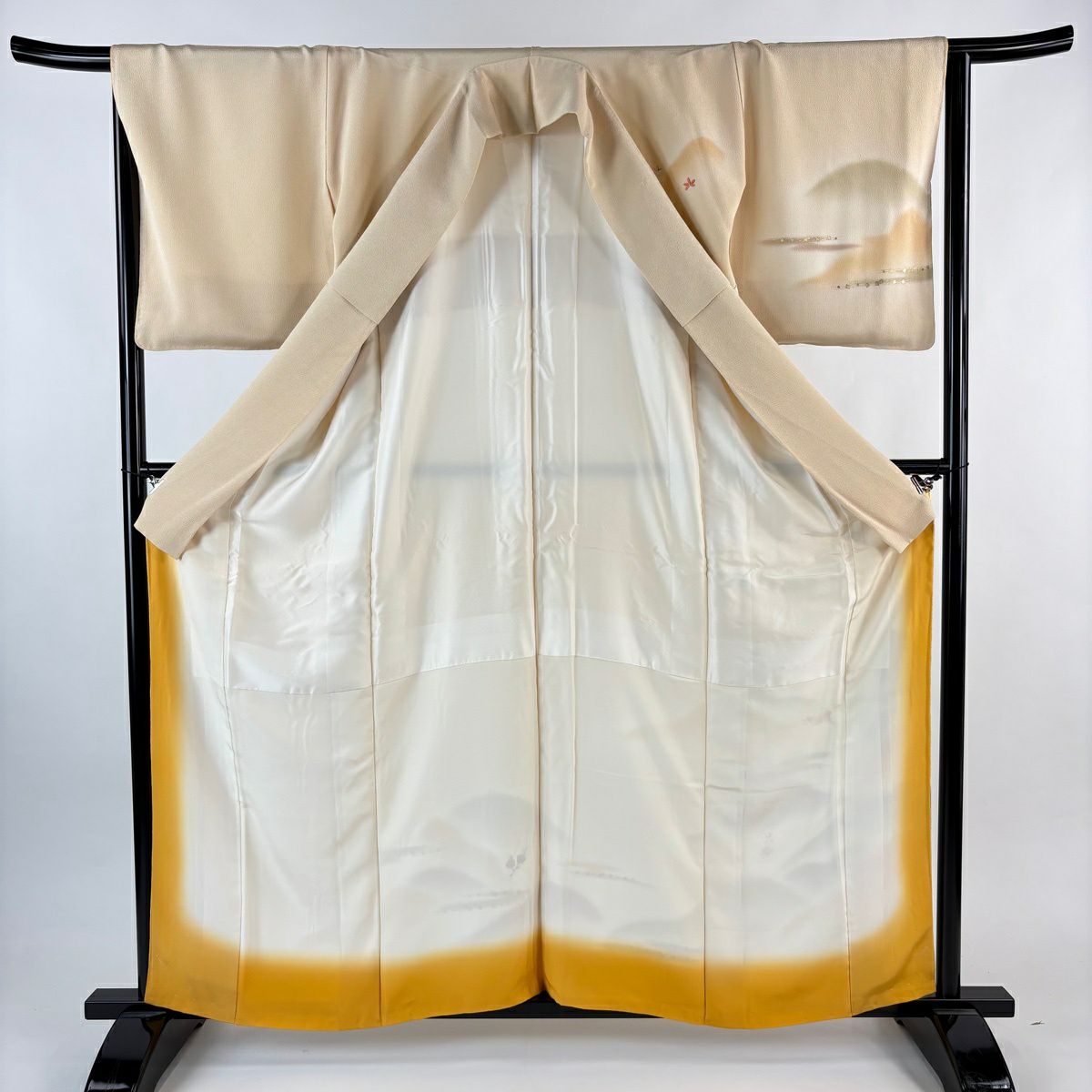 付下 身長161cm 袖長65cm M 雙層 山並 松樹梅花 刺繡 金彩裝飾 淺橙 純蠶絲 優品級