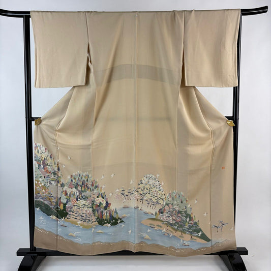 色留袖禮服 身長160.5cm 袖長66cm M 雙層 落款あり 水邊的風景 松樹竹子梅花 漸層 米色 純蠶絲 秀品級 一個紋