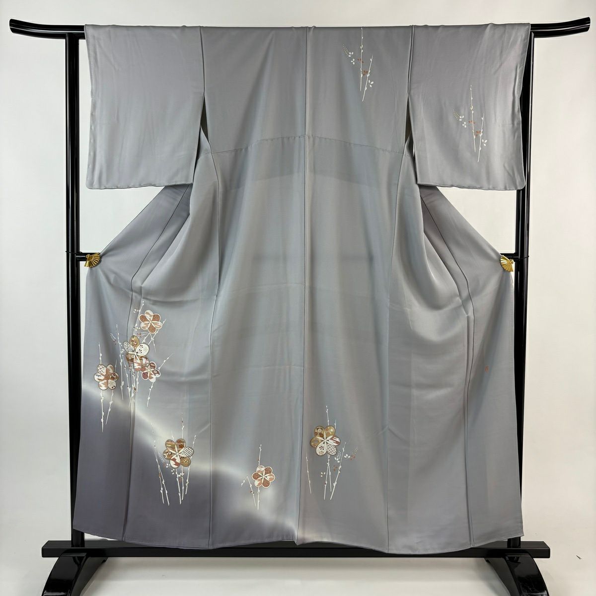付下 身長157.5cm 袖長63.5cm S 雙層 落款有 梅花 猫柳 金銀彩 漸層 灰紫 純蠶絲 優品級