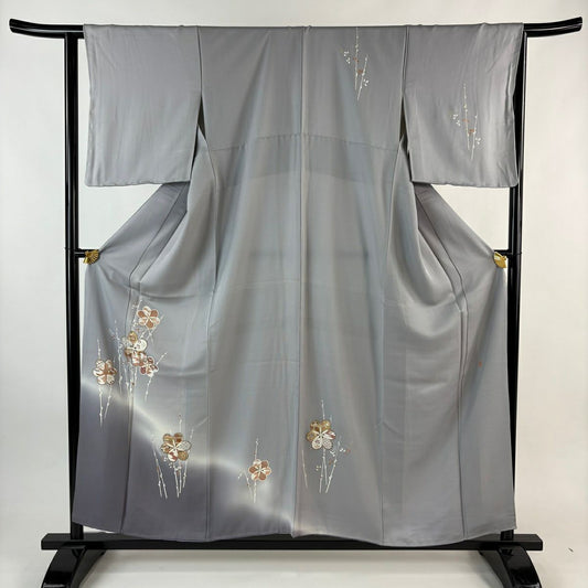 付下 身長157.5cm 袖長63.5cm S 雙層 落款有 梅花 猫柳 金銀彩 漸層 灰紫 純蠶絲 優品級