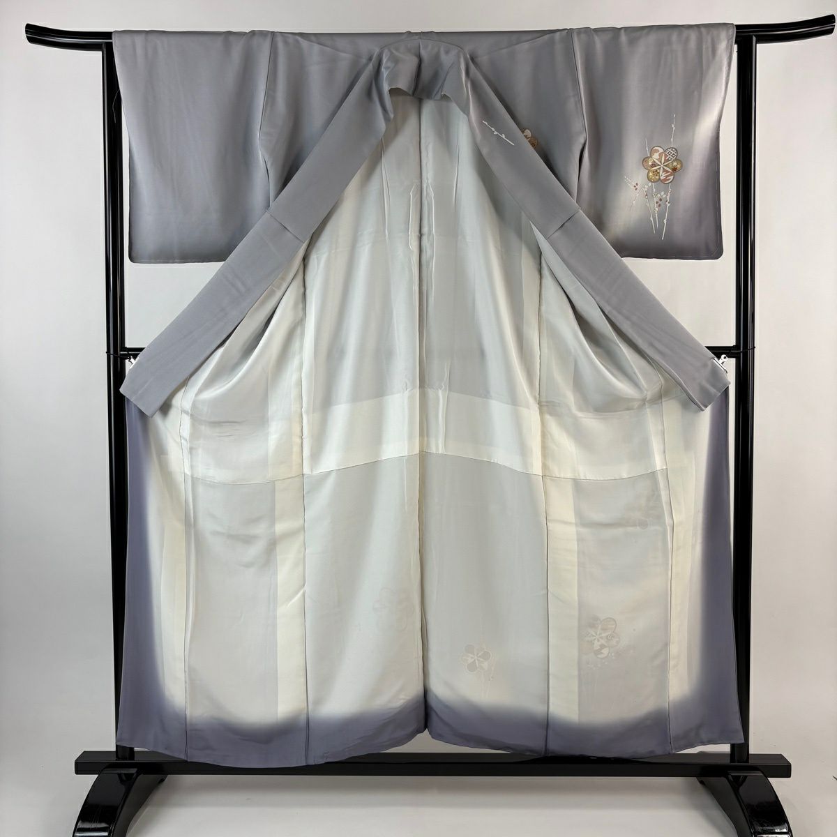 付下 身長157.5cm 袖長63.5cm S 雙層 落款有 梅花 猫柳 金銀彩 漸層 灰紫 純蠶絲 優品級