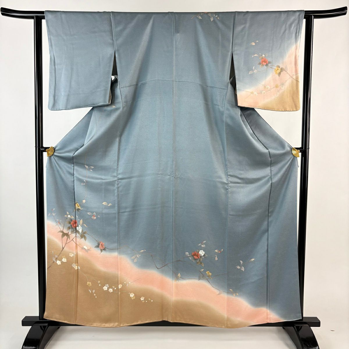 訪問服 身長160cm 袖長62cm S 雙層 椿 枝梅花 金彩裝飾 染分 青灰 純蠶絲 秀品級