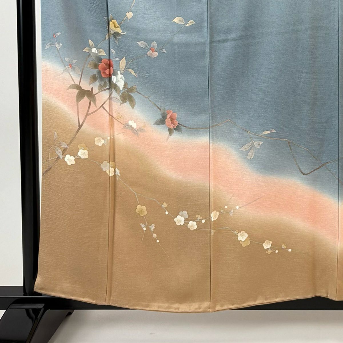 訪問服 身長160cm 袖長62cm S 雙層 椿 枝梅花 金彩裝飾 染分 青灰 純蠶絲 秀品級