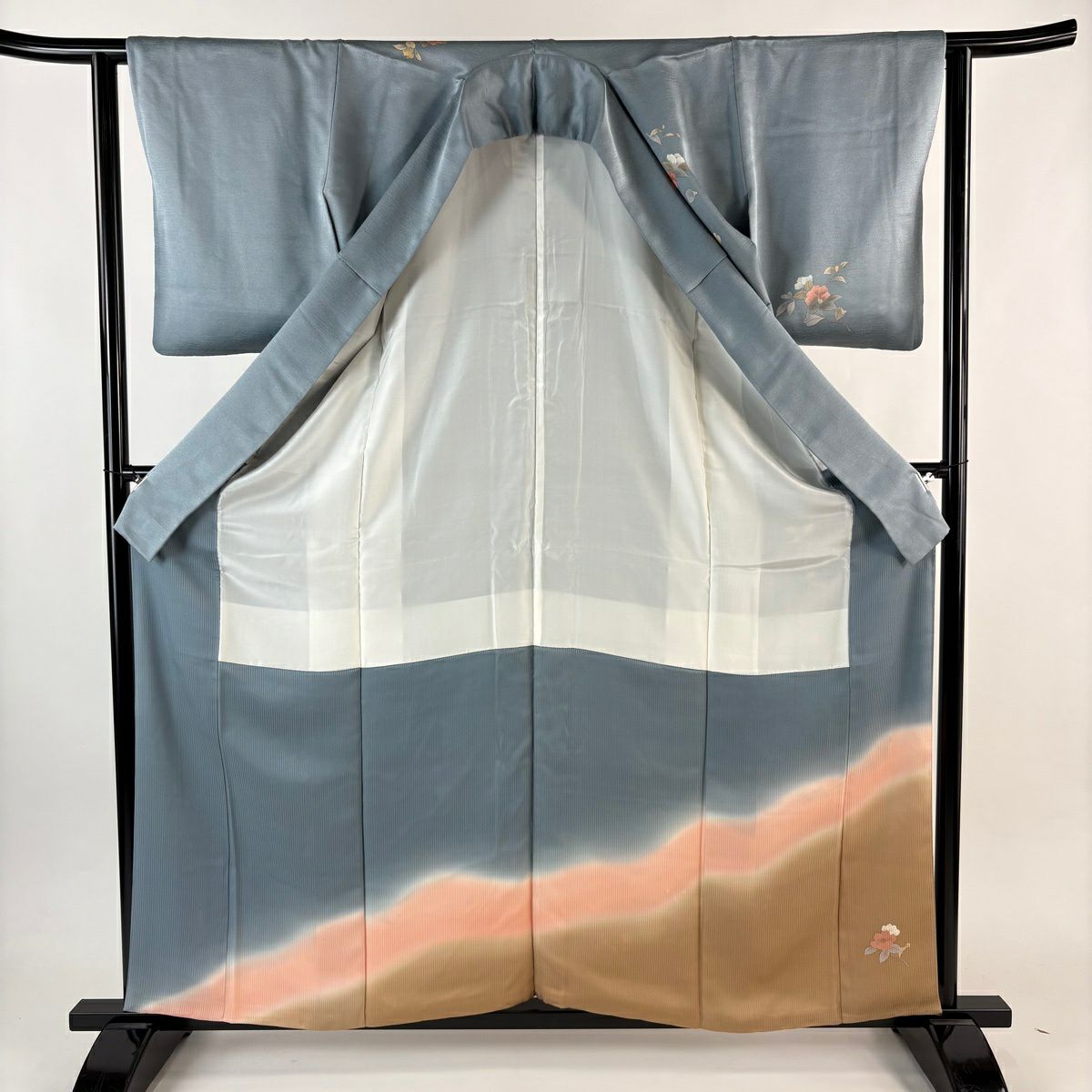 訪問服 身長160cm 袖長62cm S 雙層 椿 枝梅花 金彩裝飾 染分 青灰 純蠶絲 秀品級
