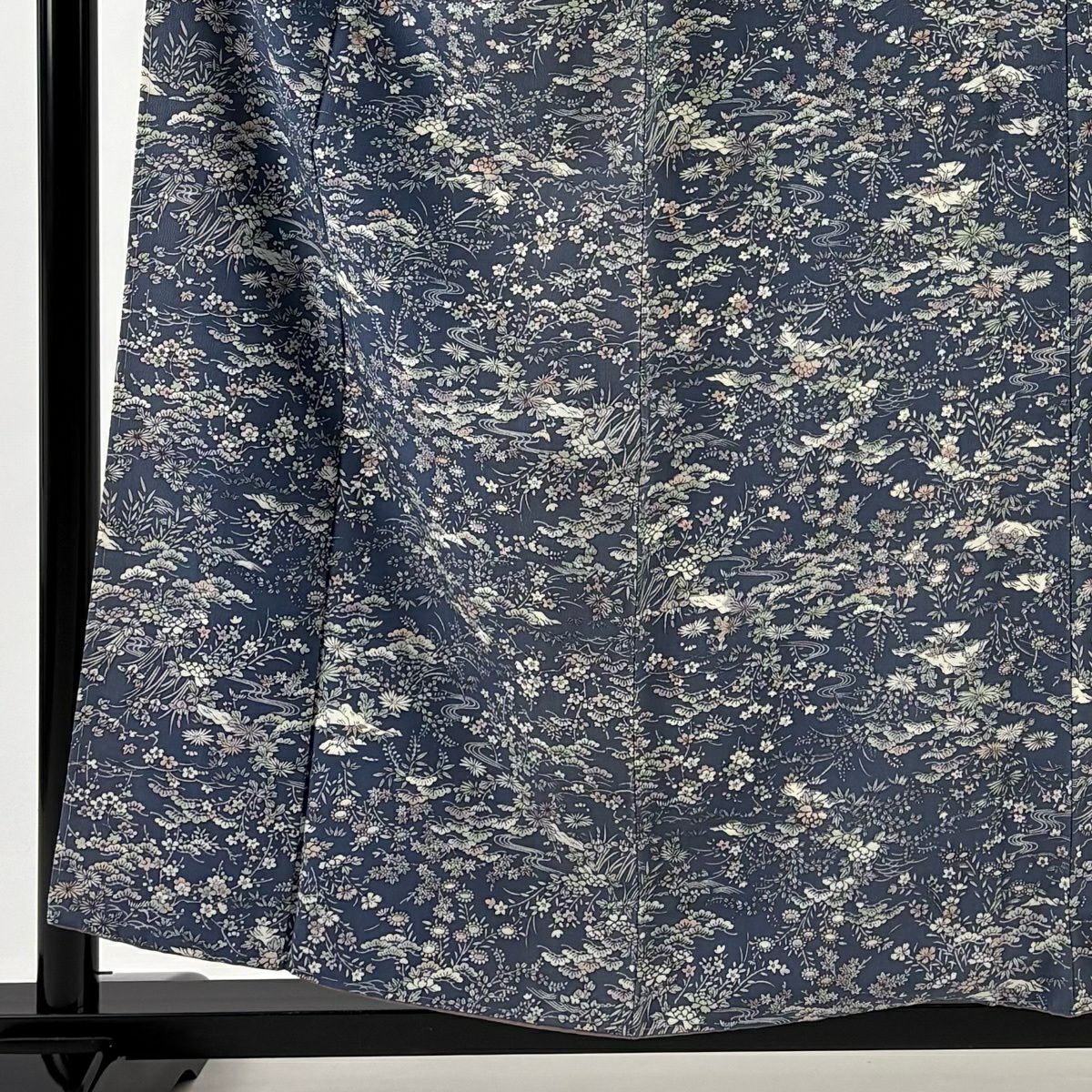 小紋 身長155cm 袖長63.5cm S 雙層 草花紋紋 流水 青灰 純蠶絲 優品級
