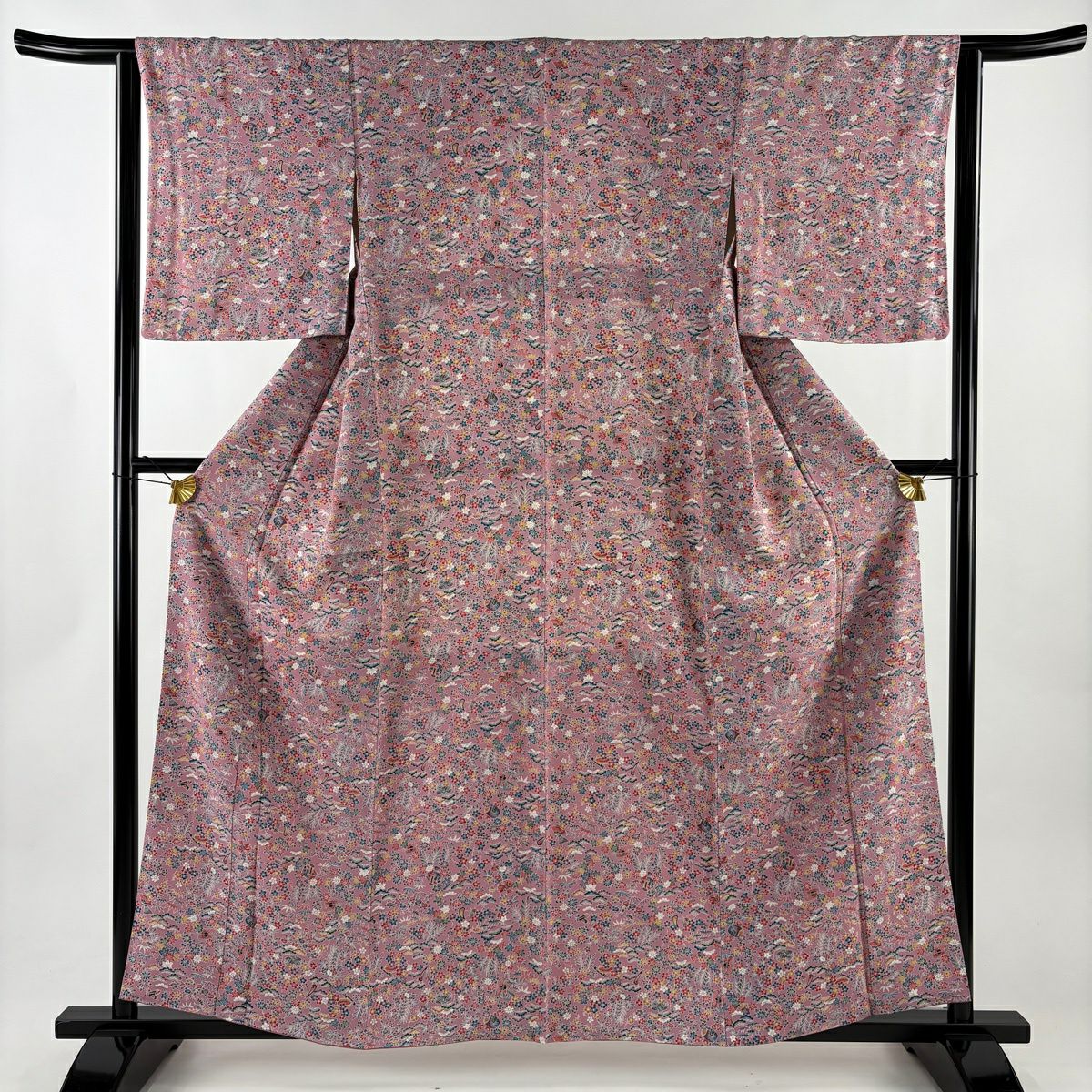 【美品】 小紋 身長159cm 袖長63cm S 雙層 草花紋紋 寶物滿載 粉紅 純蠶絲 優品級
