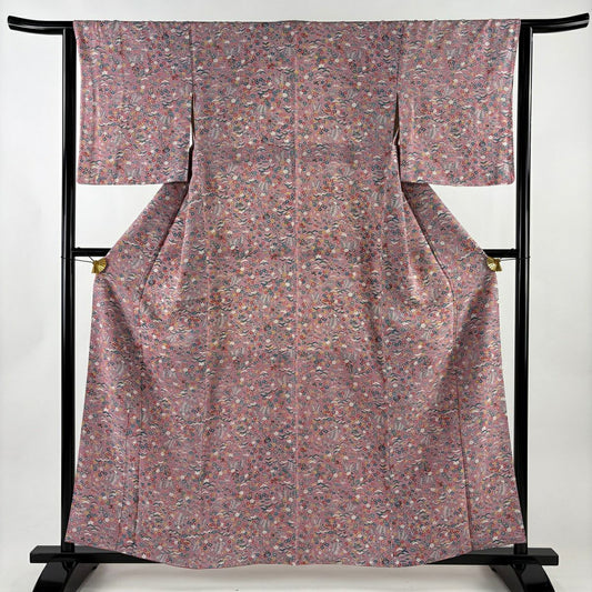【美品】 小紋 身長159cm 袖長63cm S 雙層 草花紋紋 寶物滿載 粉紅 純蠶絲 優品級