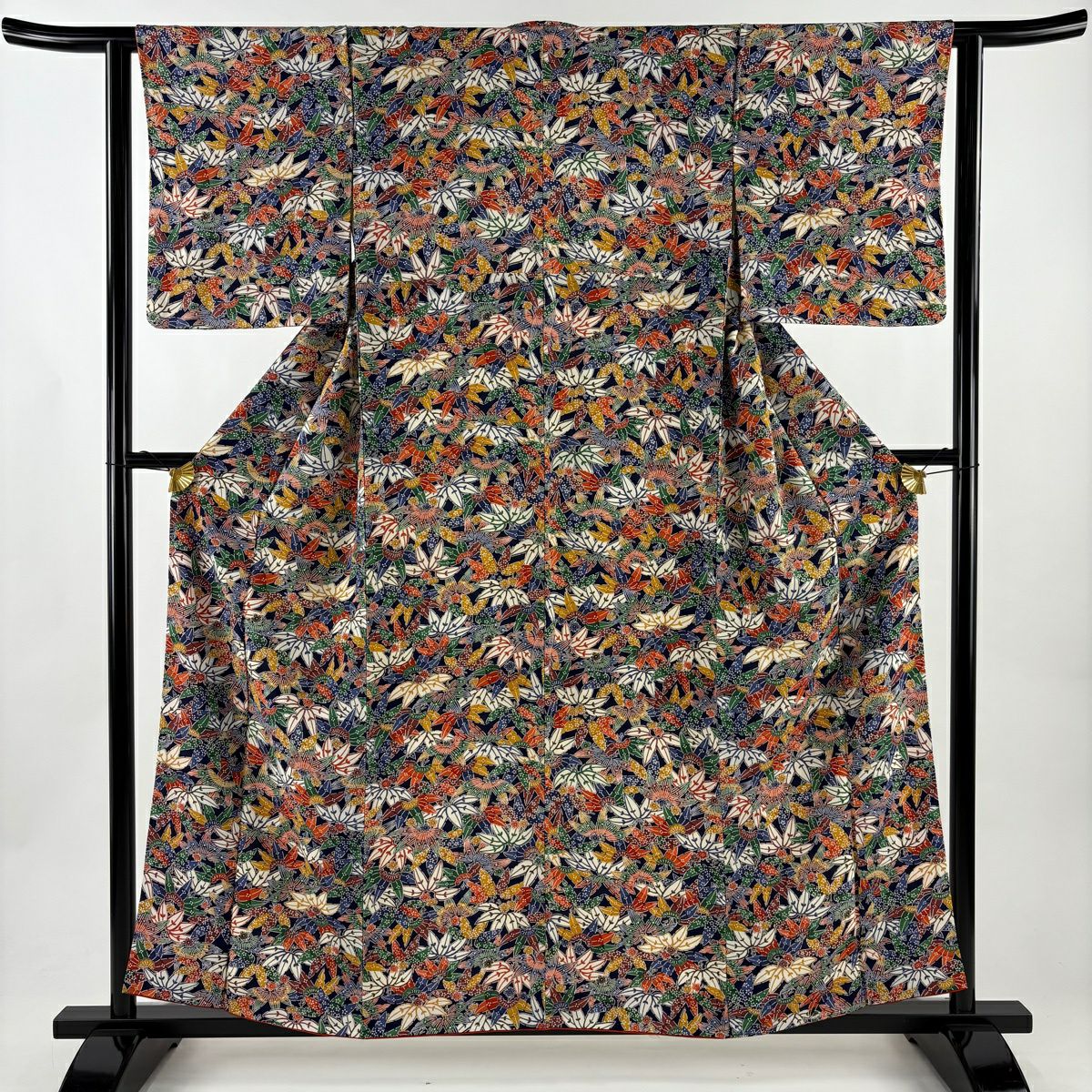 小紋 身長157.5cm 袖長61cm S 雙層 笹 深藍 純蠶絲 優品級