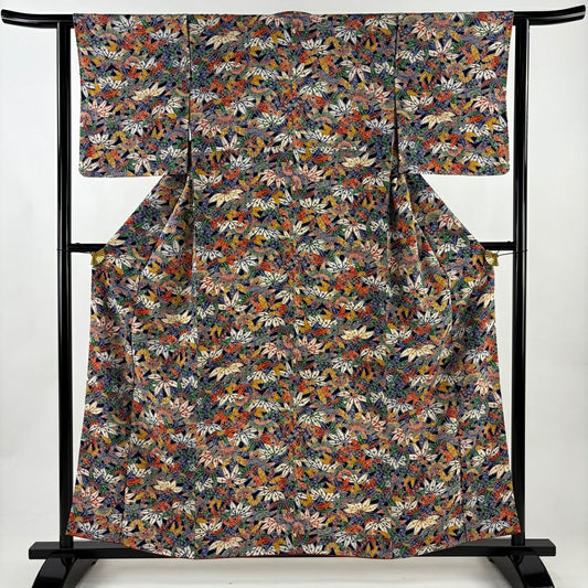 小紋 身長157.5cm 袖長61cm S 雙層 笹 深藍 純蠶絲 優品級