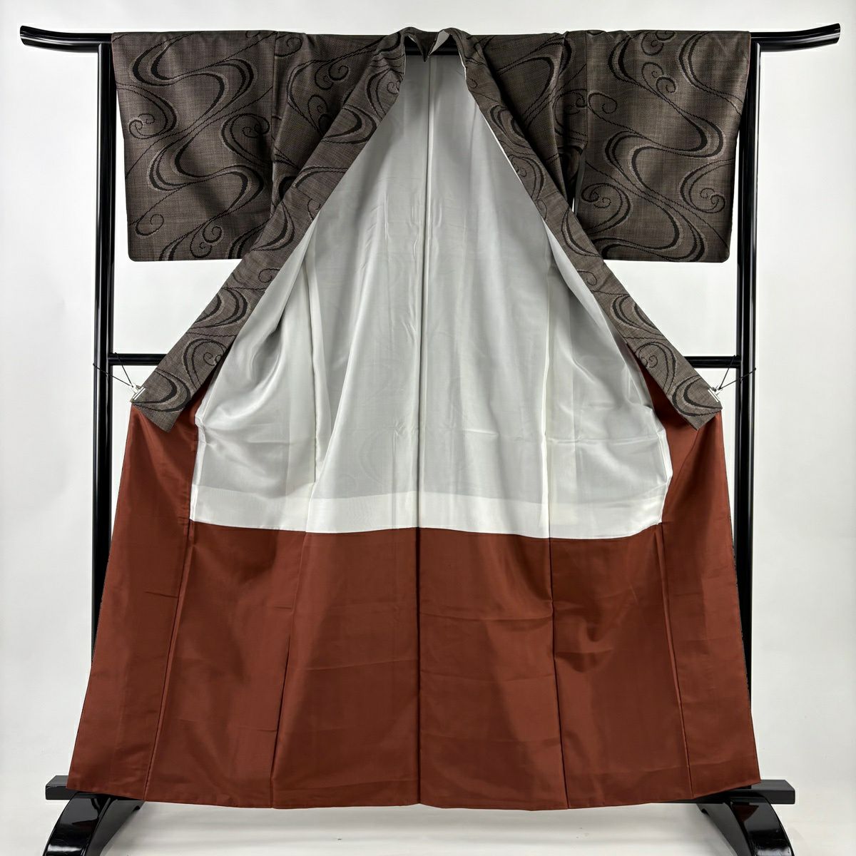 【美品】 紬織 身長160.5cm 袖長64.5cm M 雙層 流水 焦茶 純蠶絲 優品級