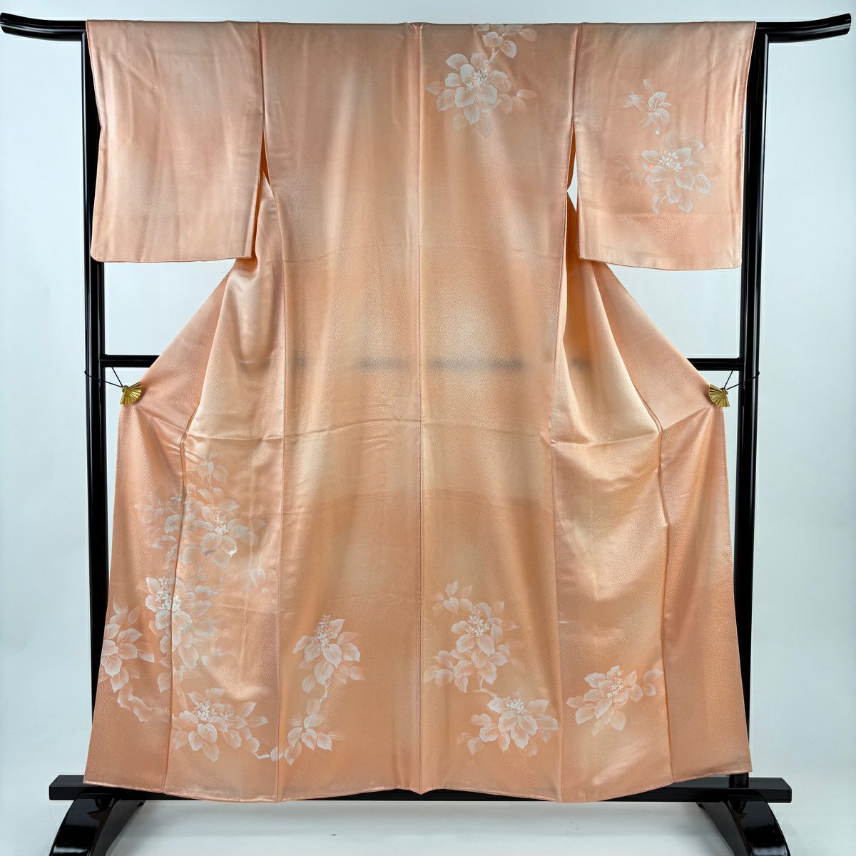 【美品】 付下 身長158cm 袖長65cm M 雙層 草花紋紋 刺繡 淺橙色 純蠶絲 優品級