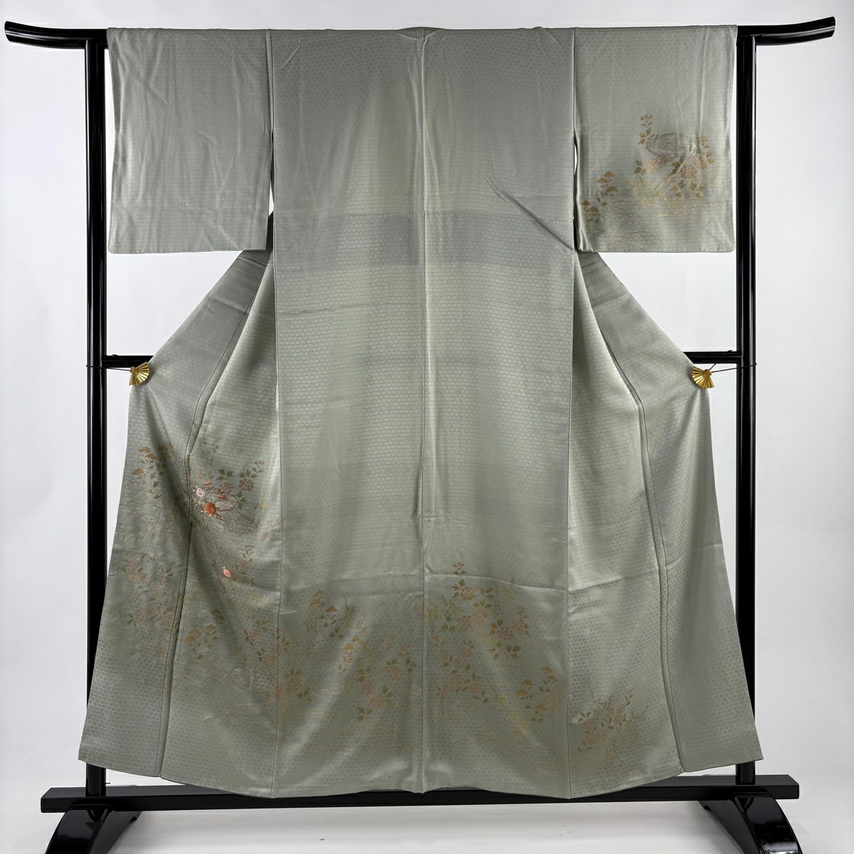 付下 身長154.5cm 袖長63cm S 雙層 扇子面 草花紋紋 刺繡 金銀彩 灰綠 純蠶絲 優品級