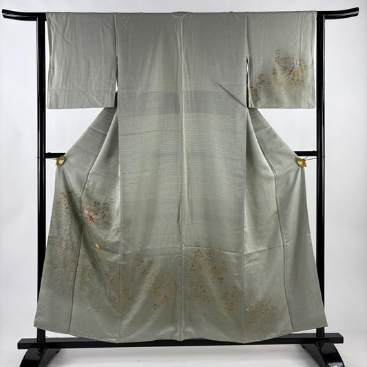 付下 身長154.5cm 袖長63cm S 雙層 扇子面 草花紋紋 刺繡 金銀彩 灰綠 純蠶絲 優品級