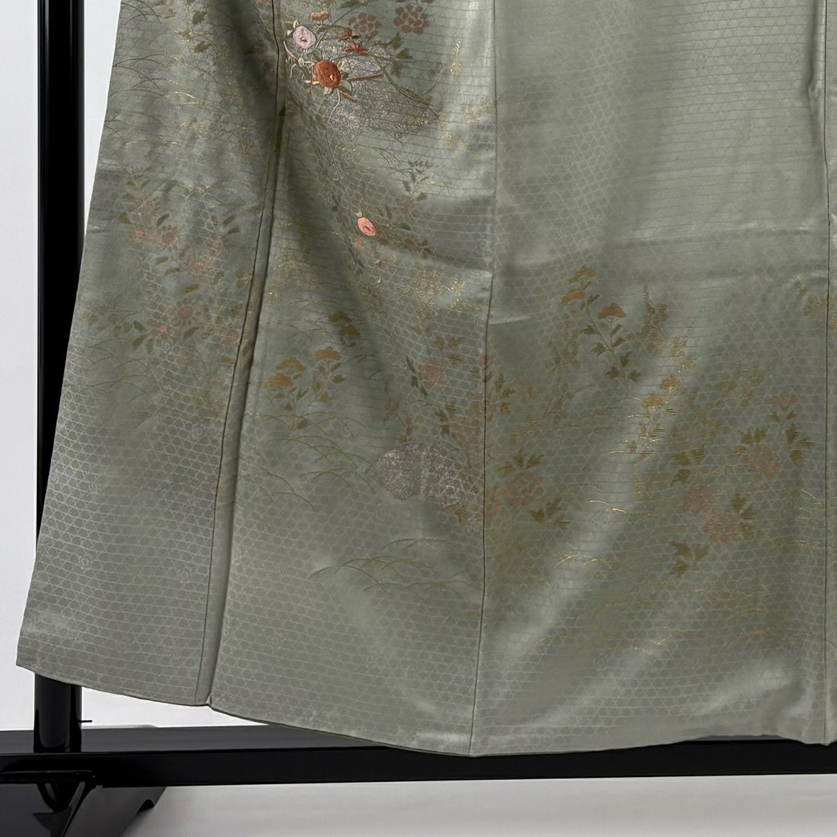 付下 身長154.5cm 袖長63cm S 雙層 扇子面 草花紋紋 刺繡 金銀彩 灰綠 純蠶絲 優品級