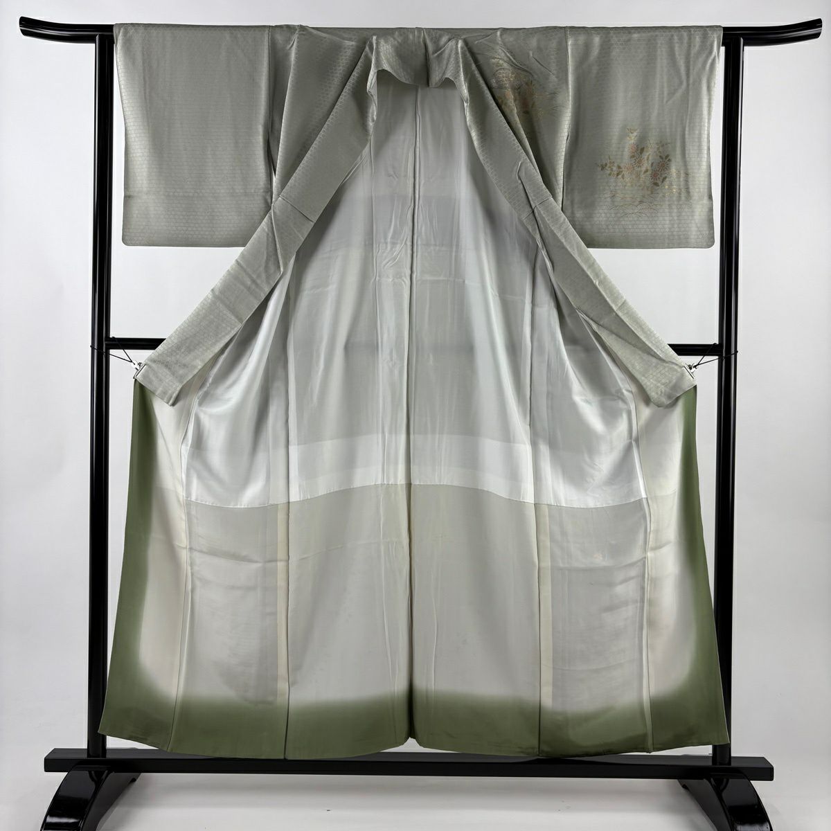 付下 身長154.5cm 袖長63cm S 雙層 扇子面 草花紋紋 刺繡 金銀彩 灰綠 純蠶絲 優品級