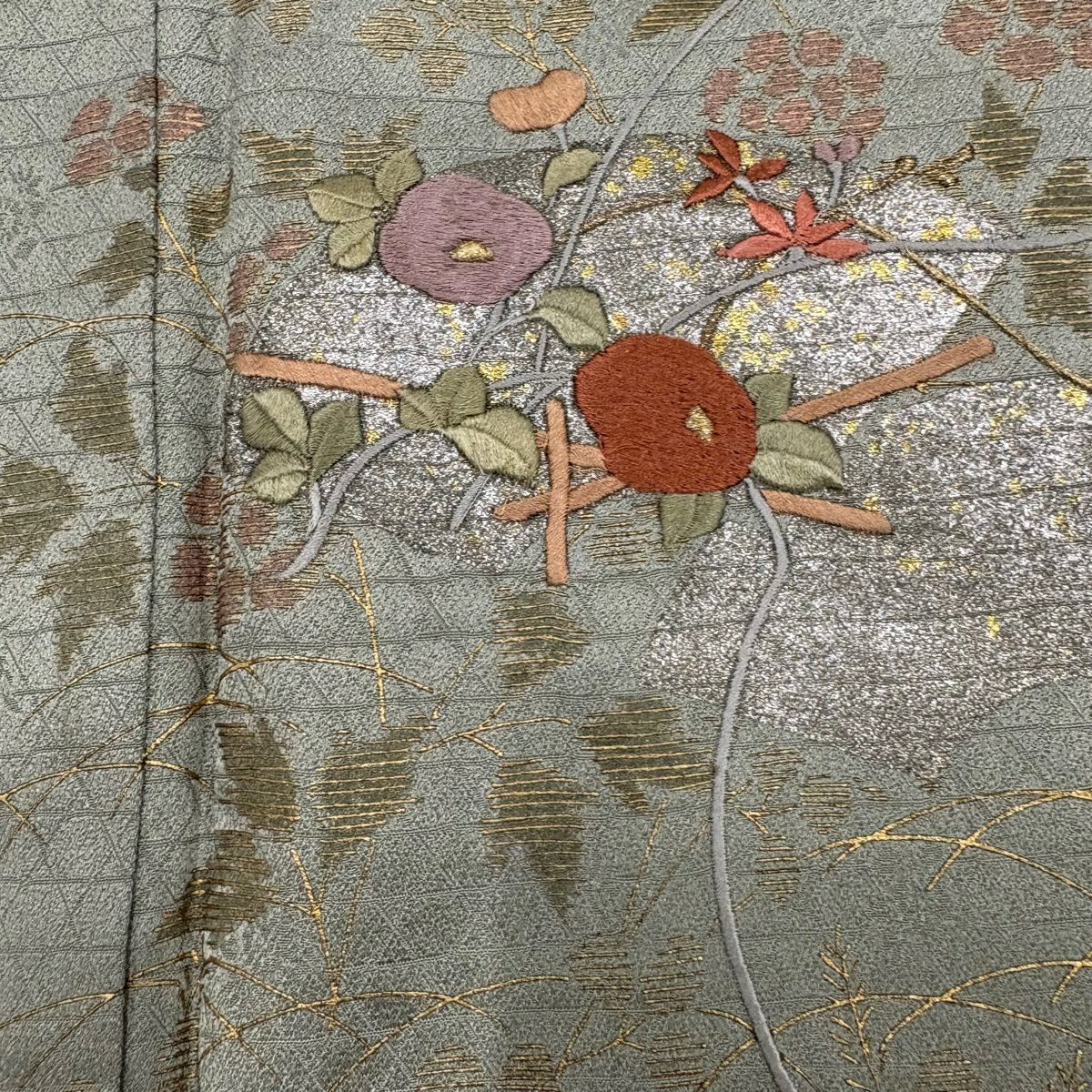 付下 身長154.5cm 袖長63cm S 雙層 扇子面 草花紋紋 刺繡 金銀彩 灰綠 純蠶絲 優品級