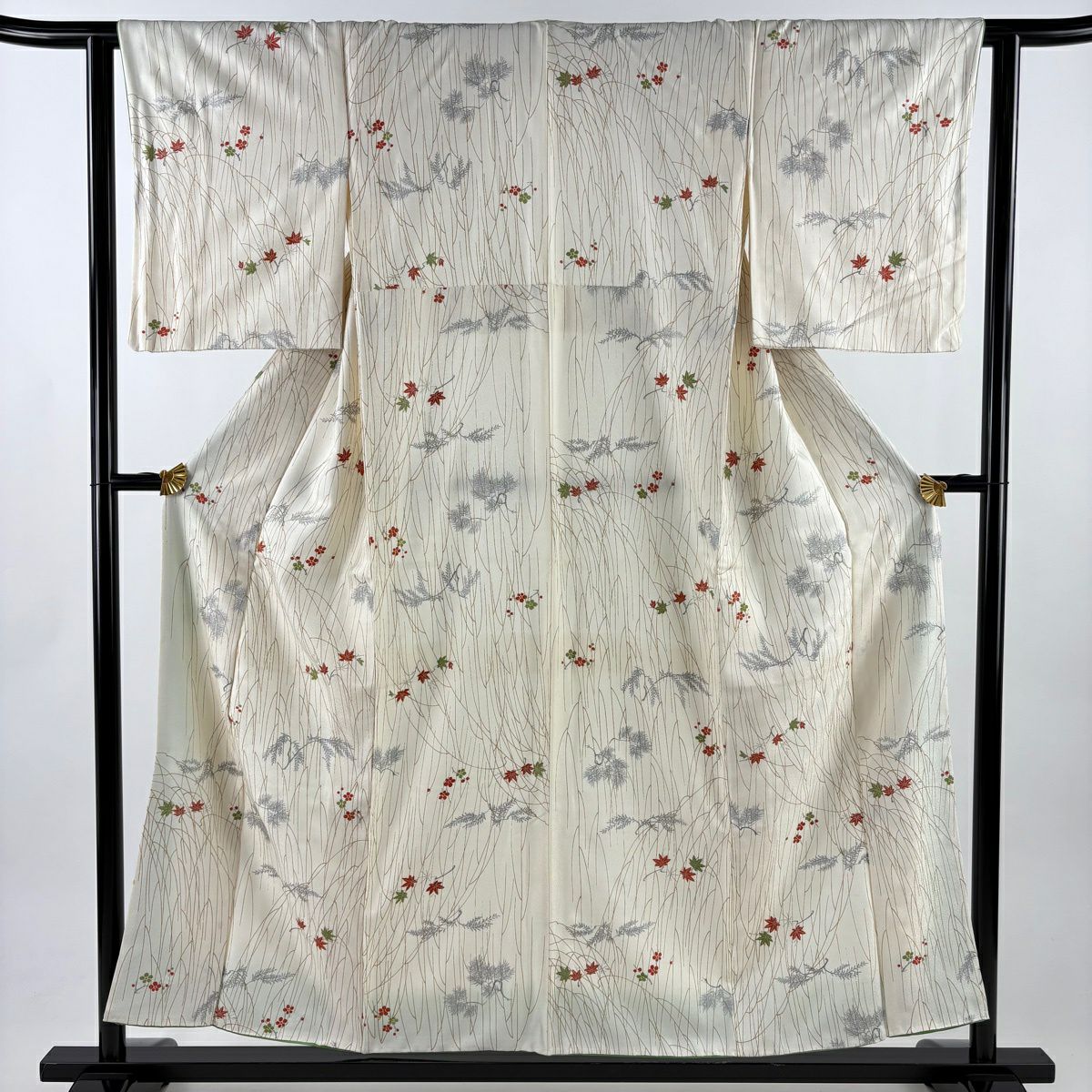 【美品】 小紋 身長154cm 袖長63cm S 雙層 梅花 楓 金銀彩 奶油色 純蠶絲 優品級