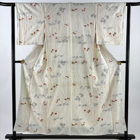 【美品】 小紋 身長154cm 袖長63cm S 雙層 梅花 楓 金銀彩 奶油色 純蠶絲 優品級