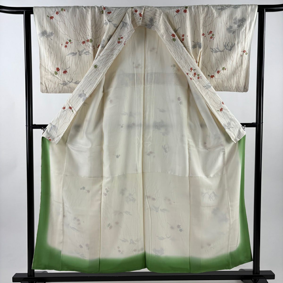【美品】 小紋 身長154cm 袖長63cm S 雙層 梅花 楓 金銀彩 奶油色 純蠶絲 優品級
