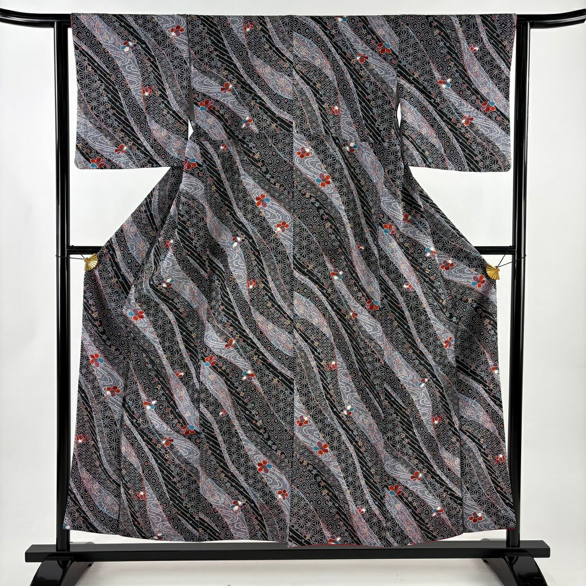 【美品】 小紋 身長155cm 袖長62cm S 雙層 可洗和服 草花紋紋 龜甲紋 墨 黑 化纖 優品級