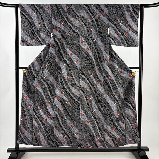 【美品】 小紋 身長155cm 袖長62cm S 雙層 可洗和服 草花紋紋 龜甲紋 墨 黑 化纖 優品級