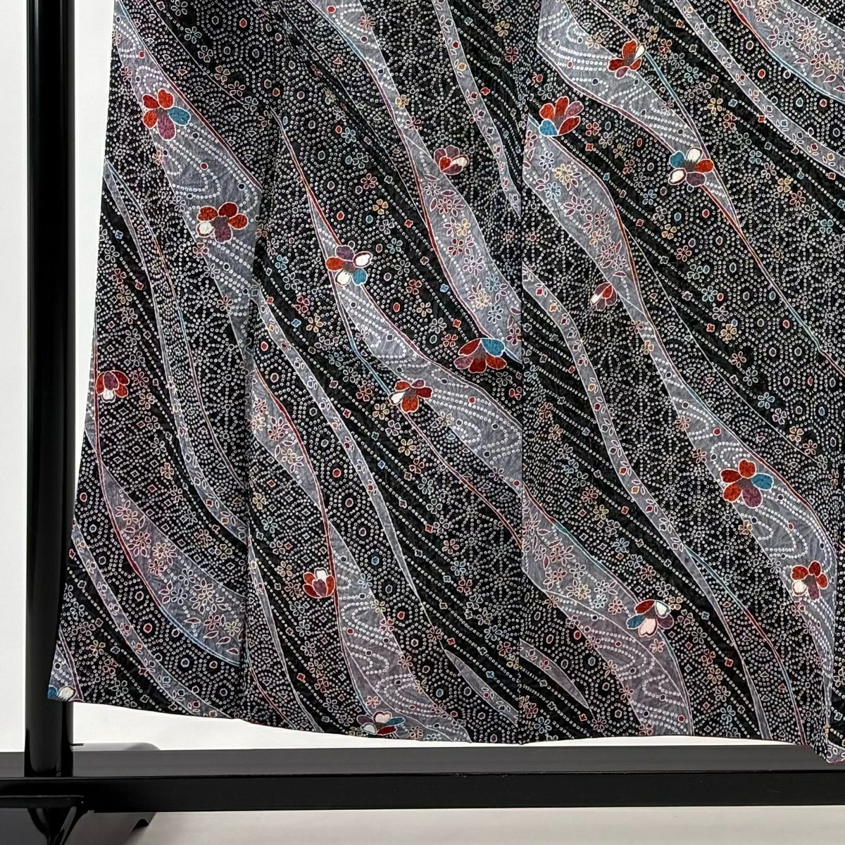 【美品】 小紋 身長155cm 袖長62cm S 雙層 可洗和服 草花紋紋 龜甲紋 墨 黑 化纖 優品級