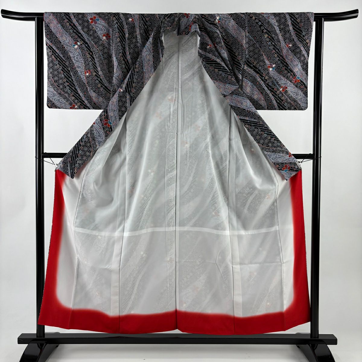 【美品】 小紋 身長155cm 袖長62cm S 雙層 可洗和服 草花紋紋 龜甲紋 墨 黑 化纖 優品級
