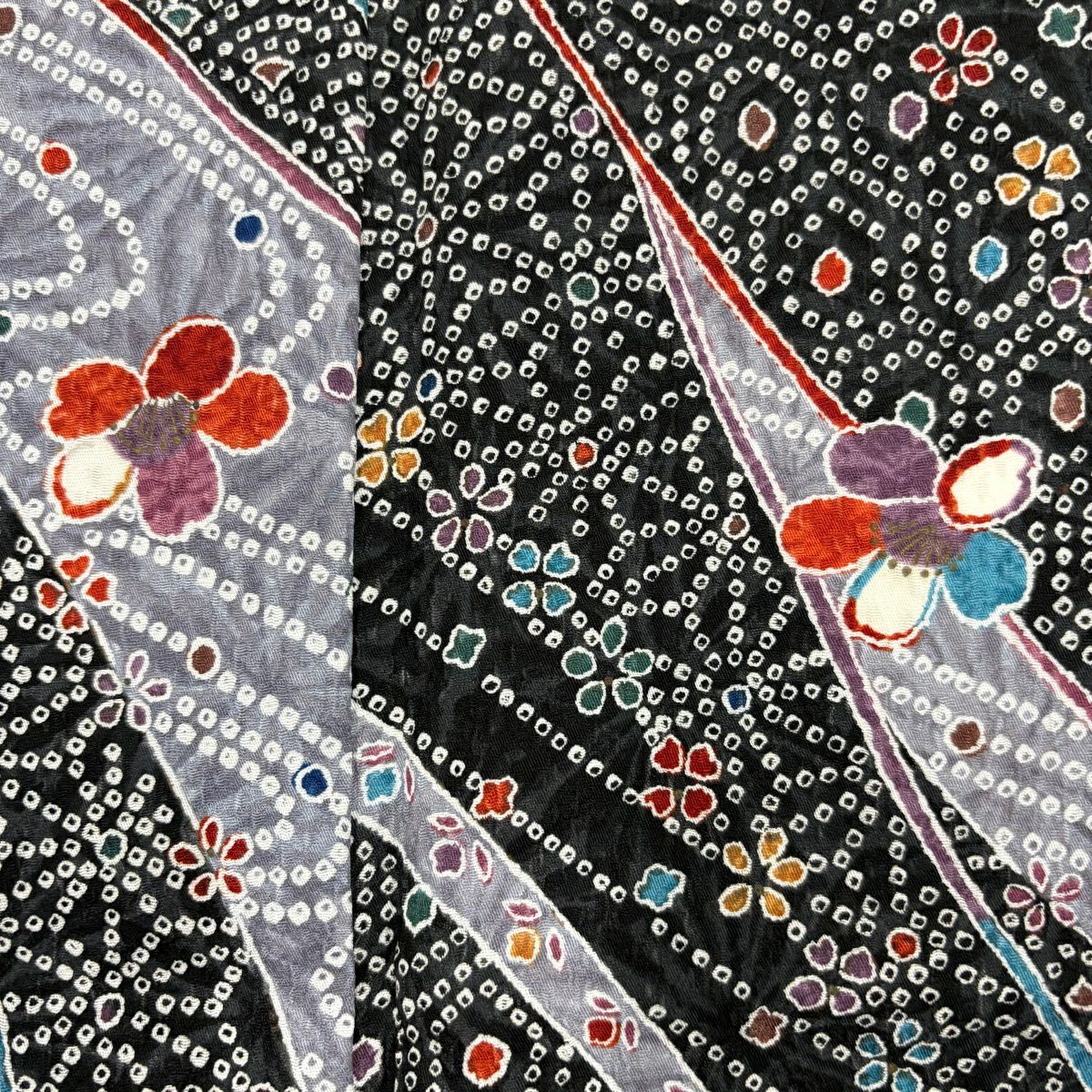 【美品】 小紋 身長155cm 袖長62cm S 雙層 可洗和服 草花紋紋 龜甲紋 墨 黑 化纖 優品級