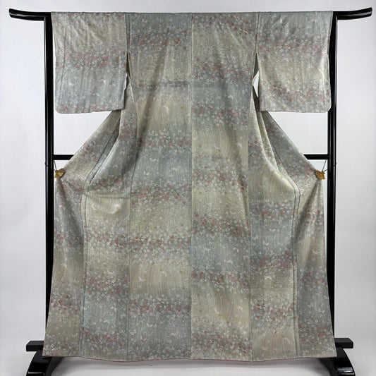 【美品】 小紋 身長164cm 袖長64cm M 雙層 蝶 撫子 金銀彩 漸層 灰綠 純蠶絲 優品級