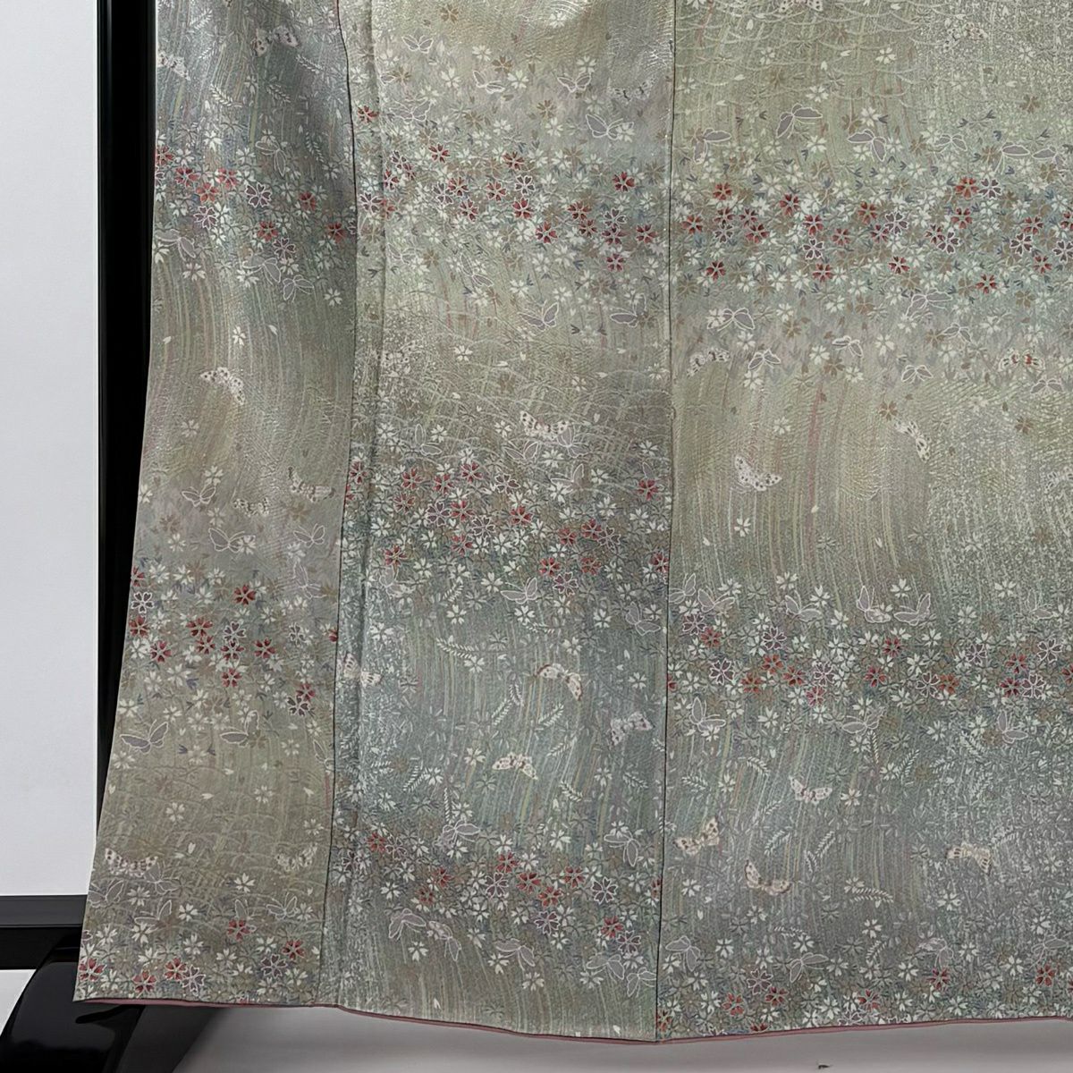 【美品】 小紋 身長164cm 袖長64cm M 雙層 蝶 撫子 金銀彩 漸層 灰綠 純蠶絲 優品級