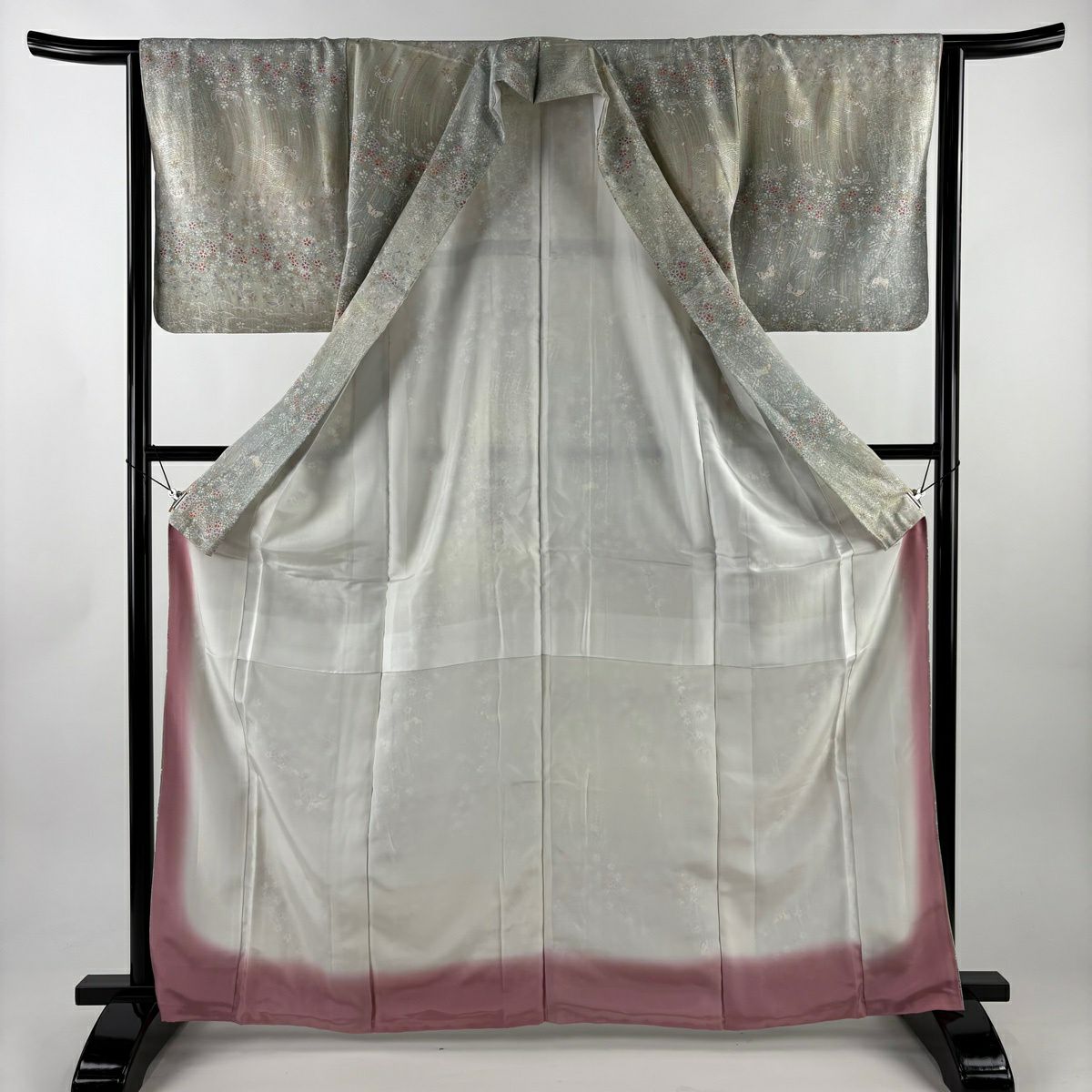 【美品】 小紋 身長164cm 袖長64cm M 雙層 蝶 撫子 金銀彩 漸層 灰綠 純蠶絲 優品級