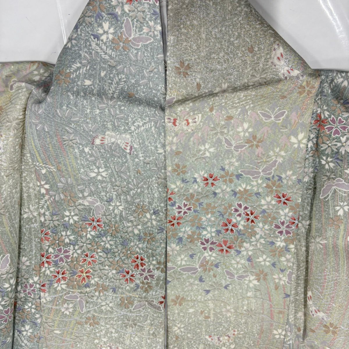 【美品】 小紋 身長164cm 袖長64cm M 雙層 蝶 撫子 金銀彩 漸層 灰綠 純蠶絲 優品級