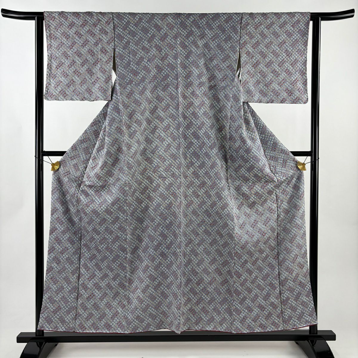 【美品】 小紋 身長156cm 袖長61.5cm S 雙層 疋田 總絞染 灰綠 純蠶絲 優品級