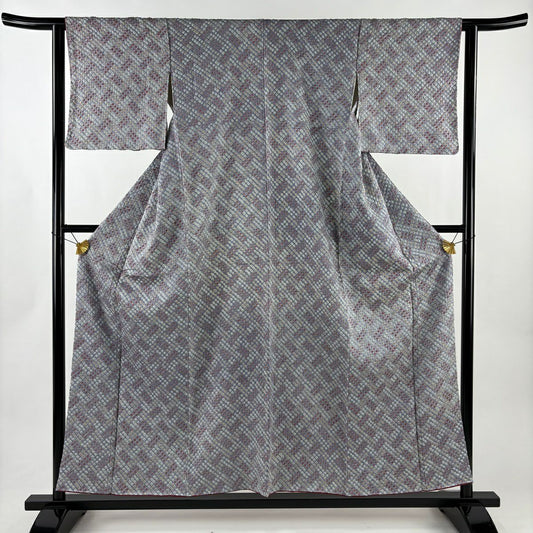 【美品】 小紋 身長156cm 袖長61.5cm S 雙層 疋田 總絞染 灰綠 純蠶絲 優品級