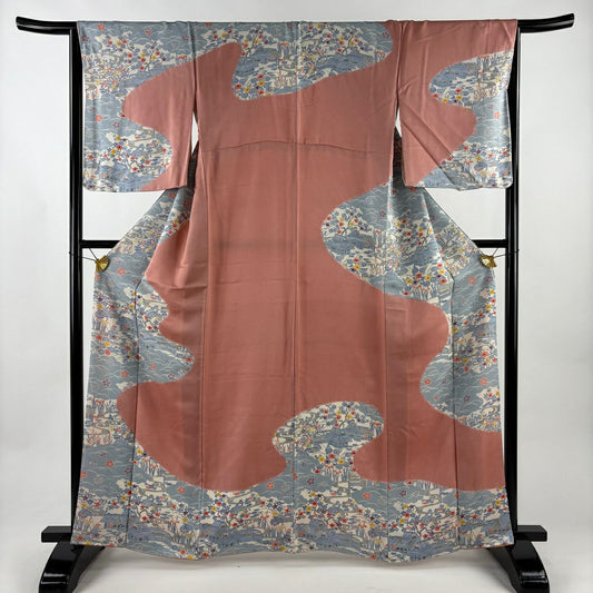 訪問服 身長162cm 袖長65.5cm M 雙層 建物 草花紋紋 絞染 分染 鮭粉色 純蠶絲 優品級