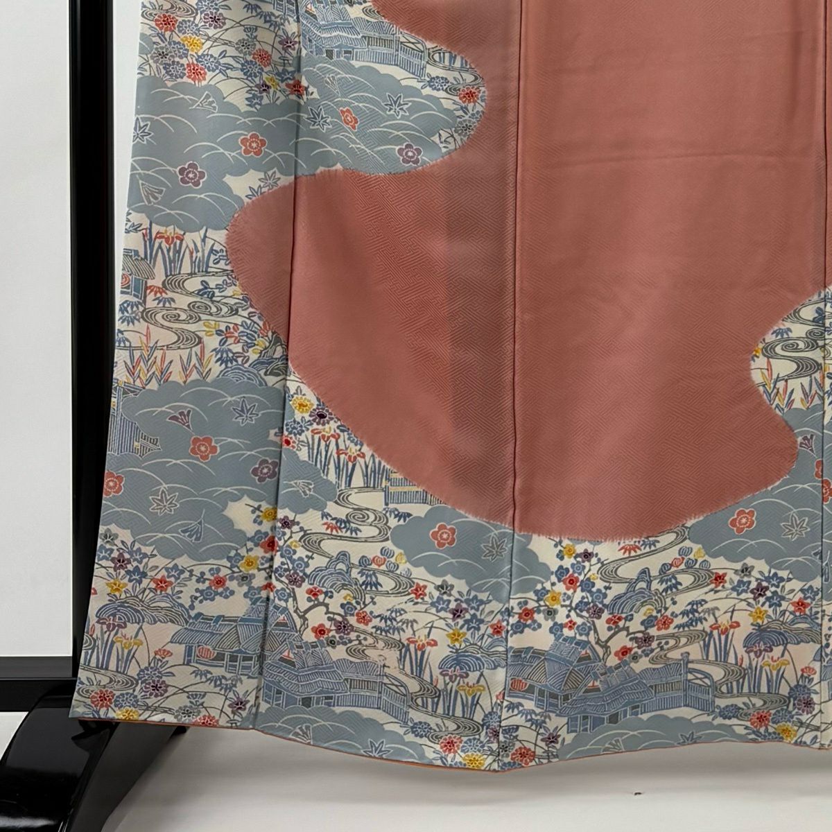 訪問服 身長162cm 袖長65.5cm M 雙層 建物 草花紋紋 絞染 分染 鮭粉色 純蠶絲 優品級