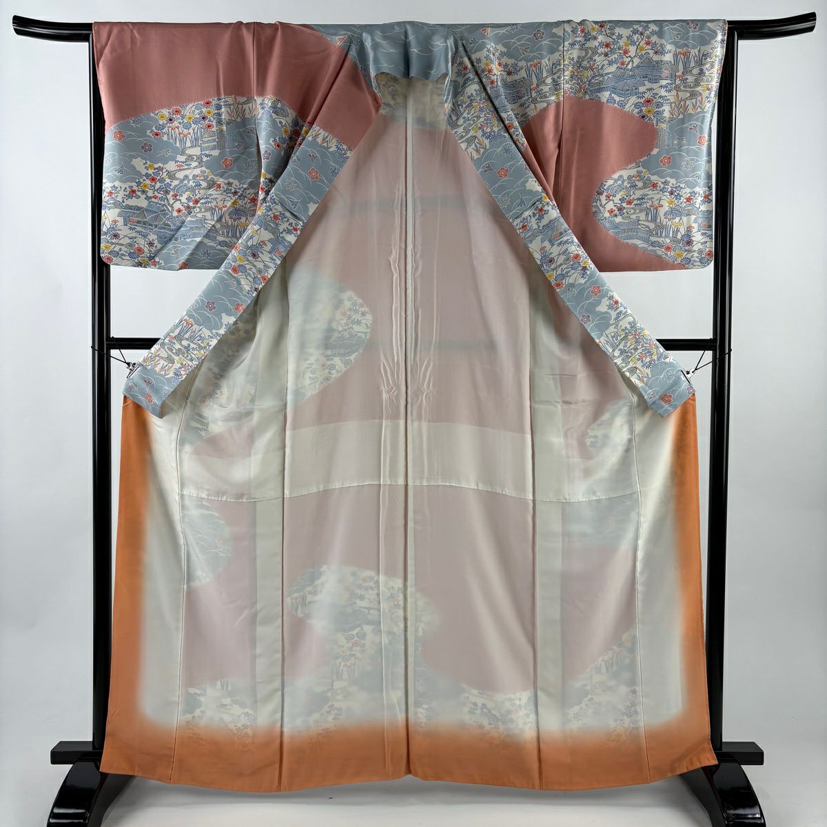 訪問服 身長162cm 袖長65.5cm M 雙層 建物 草花紋紋 絞染 分染 鮭粉色 純蠶絲 優品級