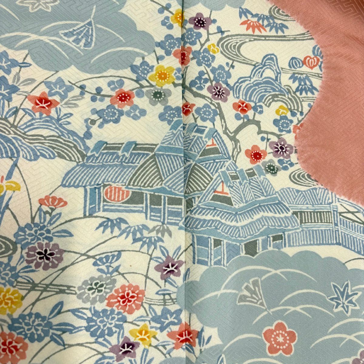 訪問服 身長162cm 袖長65.5cm M 雙層 建物 草花紋紋 絞染 分染 鮭粉色 純蠶絲 優品級