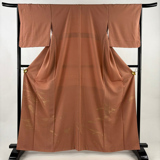 色留袖禮服 身長164cm 袖長65.5cm M 雙層 流水 金絲 鮭粉色 純蠶絲 優品級 一個紋