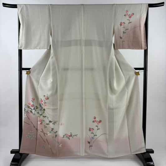 訪問服 身長161.5cm 袖長66cm M 雙層 鈴乃屋 菊花 萩 染分 ぼかし 灰白 純蠶絲 優品級