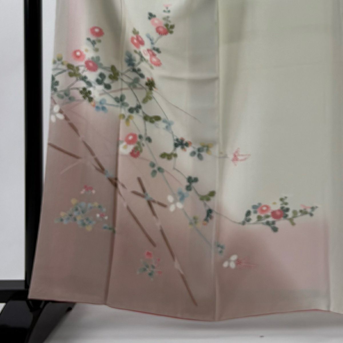 訪問服 身長161.5cm 袖長66cm M 雙層 鈴乃屋 菊花 萩 染分 ぼかし 灰白 純蠶絲 優品級