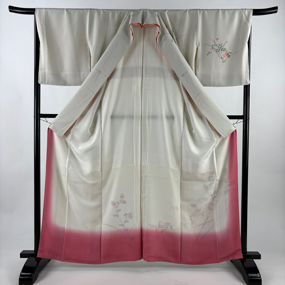 訪問服 身長161.5cm 袖長66cm M 雙層 鈴乃屋 菊花 萩 染分 ぼかし 灰白 純蠶絲 優品級