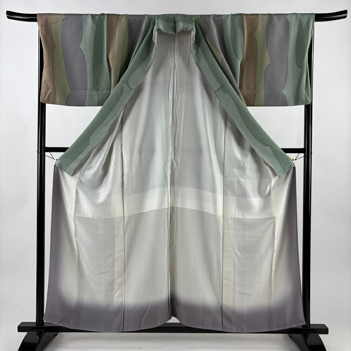 【美品】 小紋 身長156cm 袖長67cm M 雙層 幾何學 縮緬 灰綠 純蠶絲 優品級