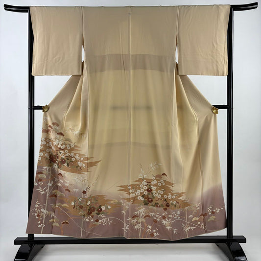 色留袖禮服 身長155.5cm 袖長65cm M 雙層 松樹竹子梅花 菊花 金絲 金銀彩 米色 純蠶絲 優品級 一個紋