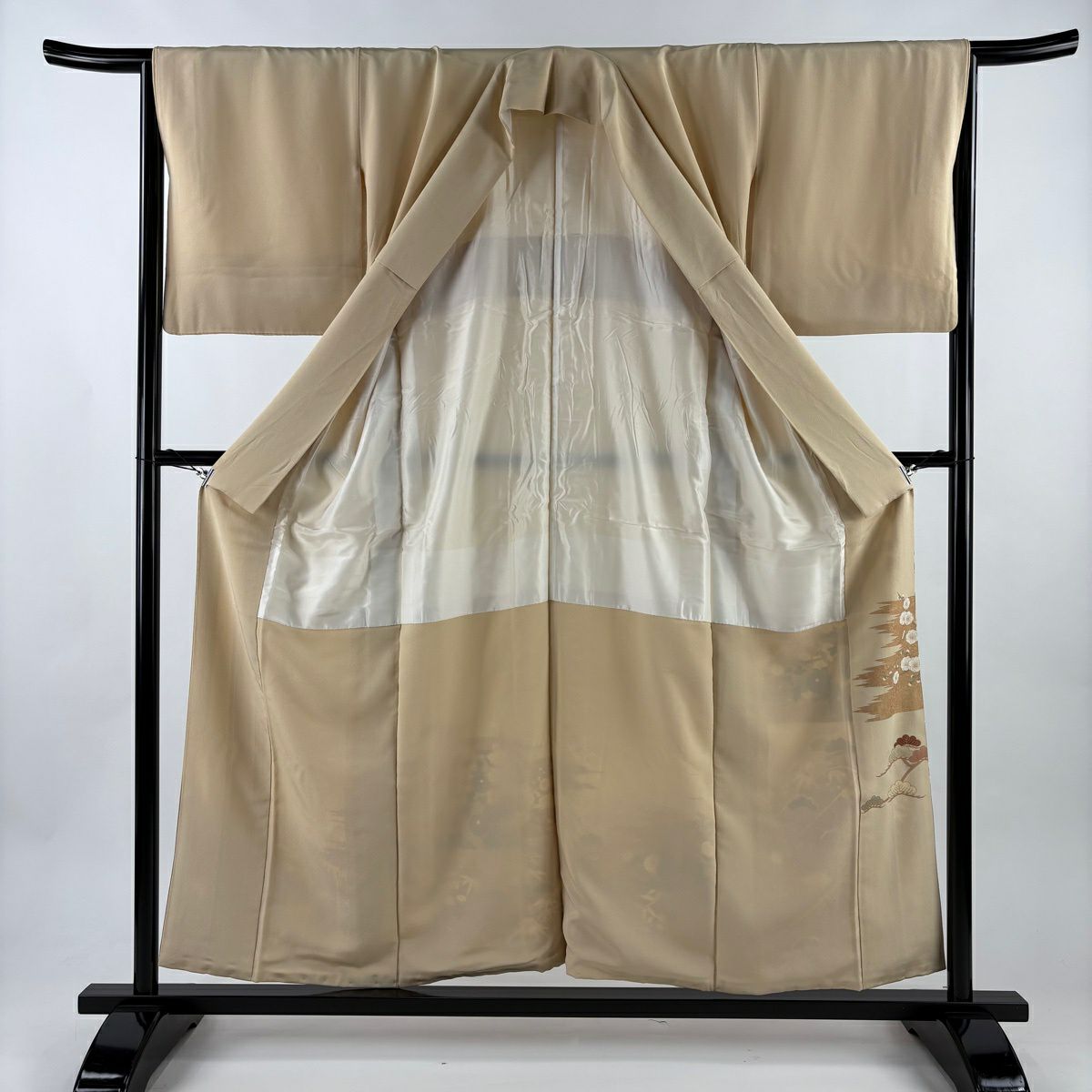色留袖禮服 身長155.5cm 袖長65cm M 雙層 松樹竹子梅花 菊花 金絲 金銀彩 米色 純蠶絲 優品級 一個紋