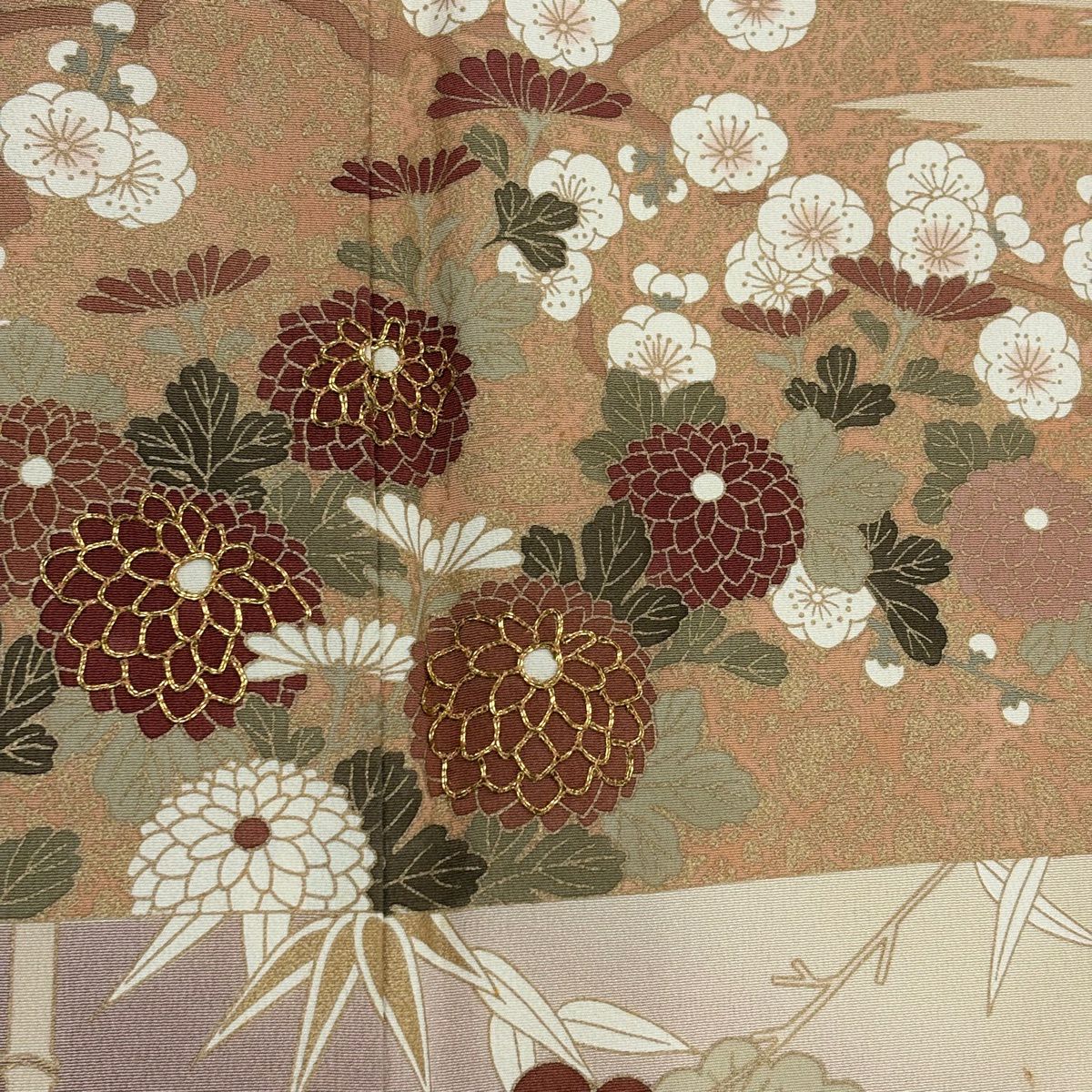 色留袖禮服 身長155.5cm 袖長65cm M 雙層 松樹竹子梅花 菊花 金絲 金銀彩 米色 純蠶絲 優品級 一個紋