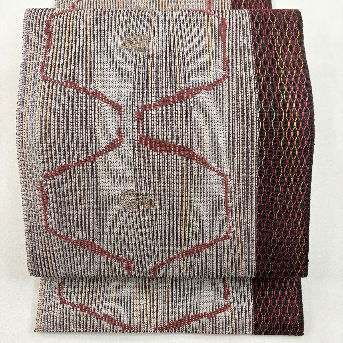 【美品】名古屋帶 優品級 夏帶 八寸名古屋帶 松樹葉仕立 幾何學 金絲 焦茶 純蠶絲