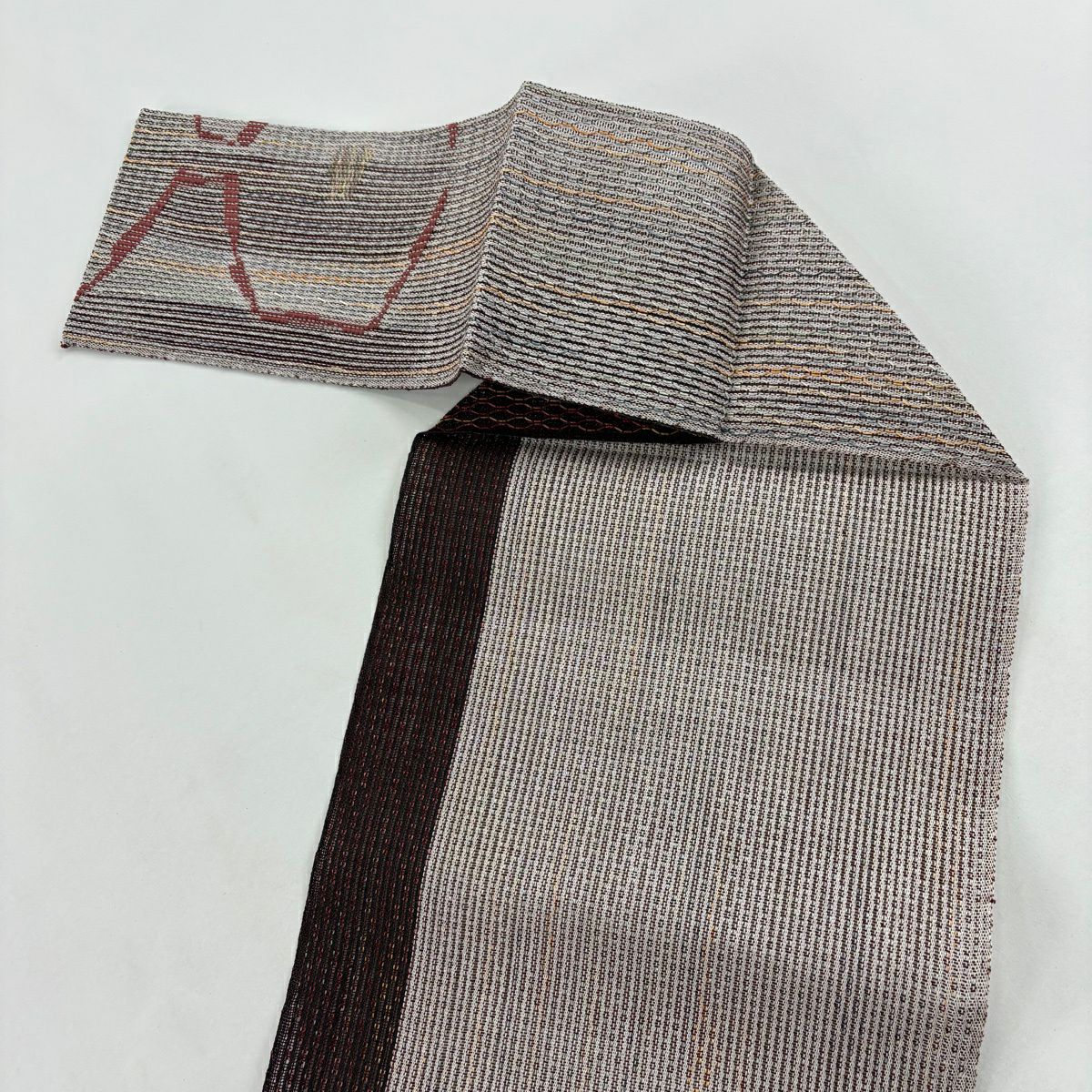 【美品】名古屋帶 優品級 夏帶 八寸名古屋帶 松樹葉仕立 幾何學 金絲 焦茶 純蠶絲
