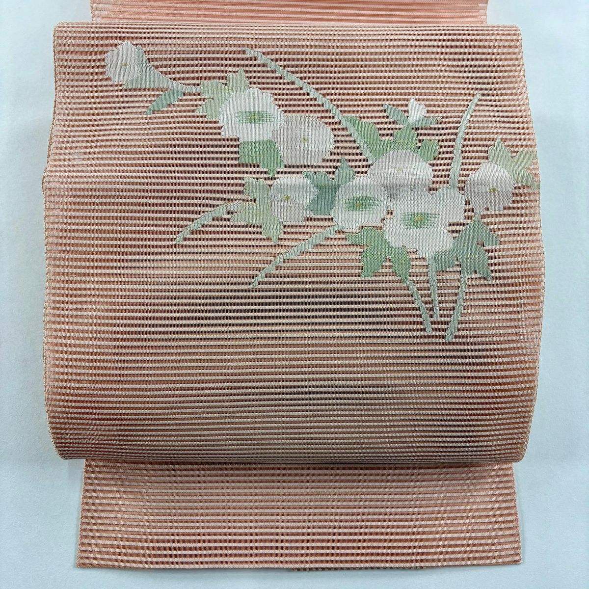 【美品】名古屋帶 優品級 夏帶 絽 八寸名古屋帶 松樹葉仕立 雜色仕立 草花紋 粉米色 純蠶絲