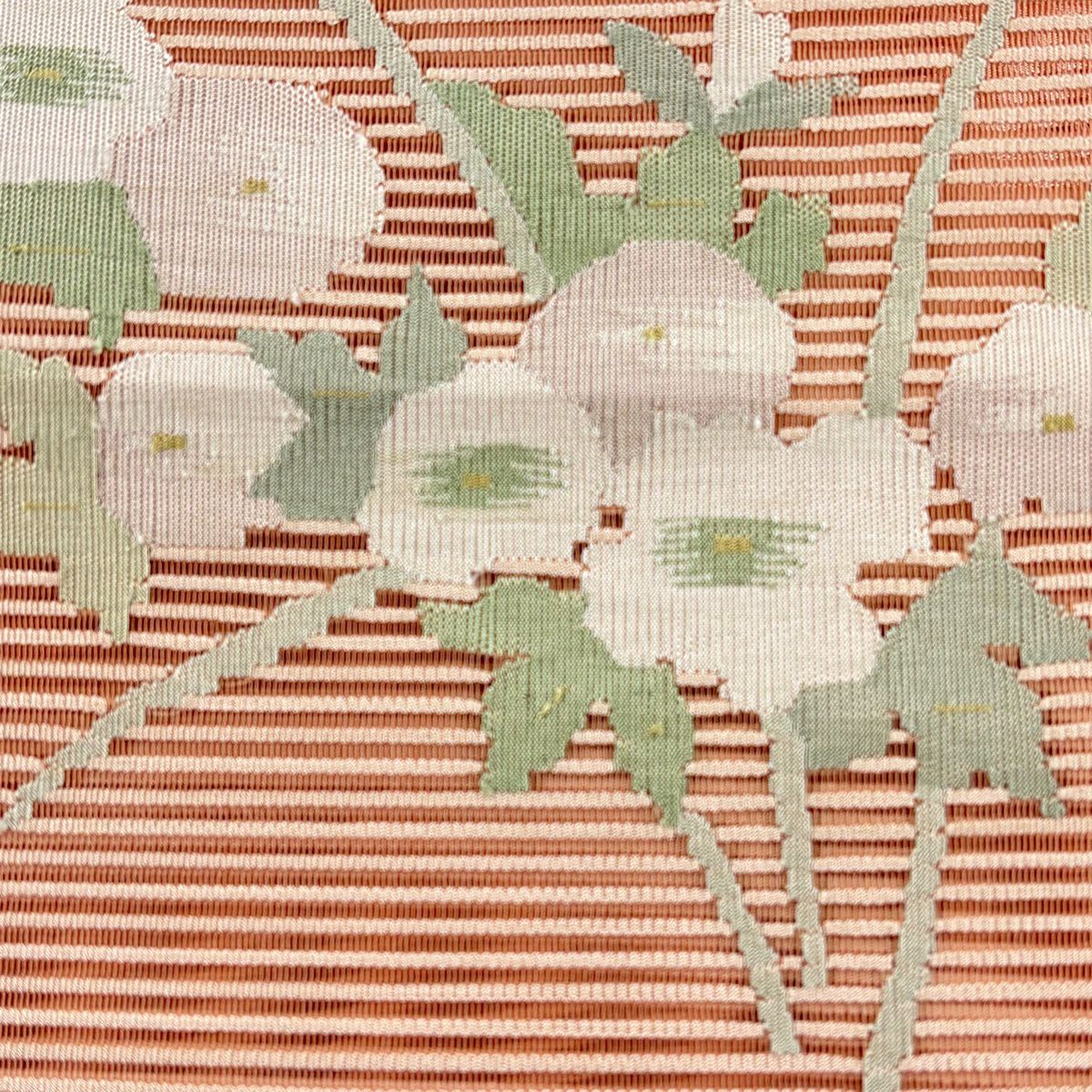 【美品】名古屋帶 優品級 夏帶 絽 八寸名古屋帶 松樹葉仕立 雜色仕立 草花紋 粉米色 純蠶絲